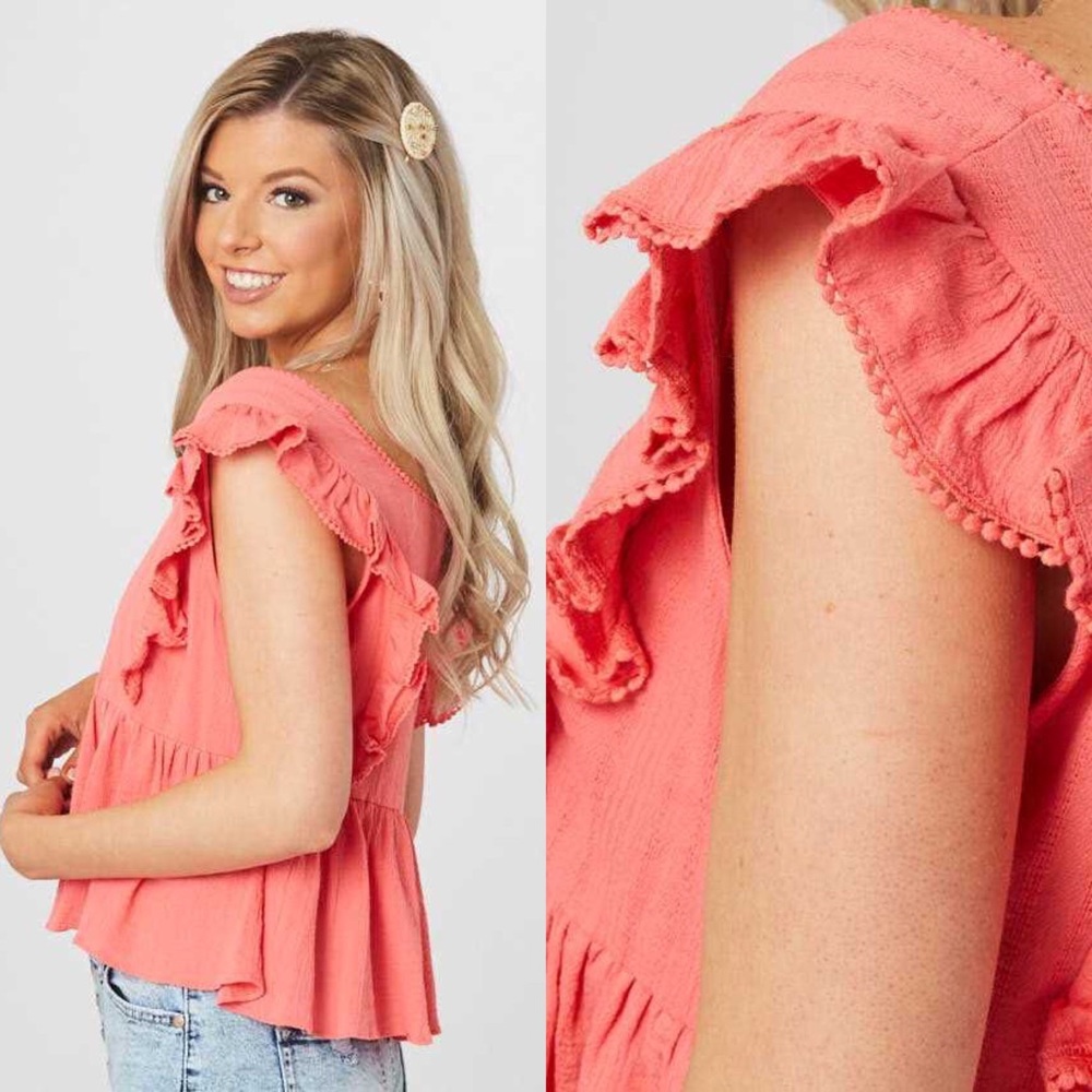 Sugar Coral Peplum Ruffle Sleeve Banyan Top - Picture 3 of 7